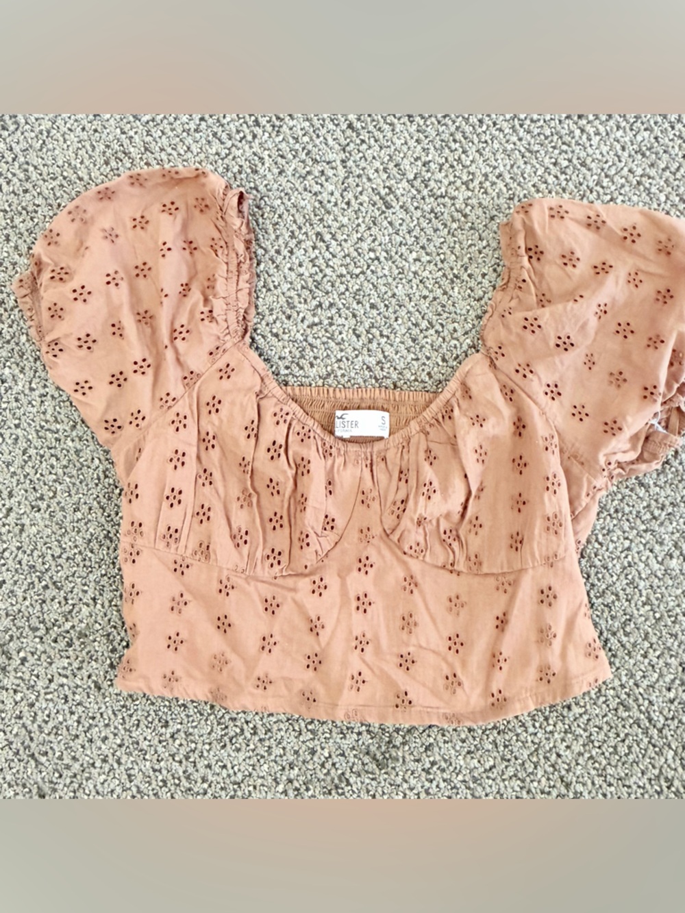 Women’s Hollister Brown  milkmaid Eyelet Puff Sleeve Crop Top festival boho